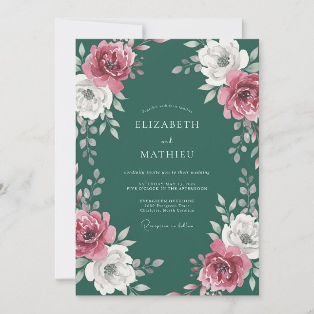 Invitation Mariage Teal Magenta Ranunculus Eucalyptus Sourdin (Devant)