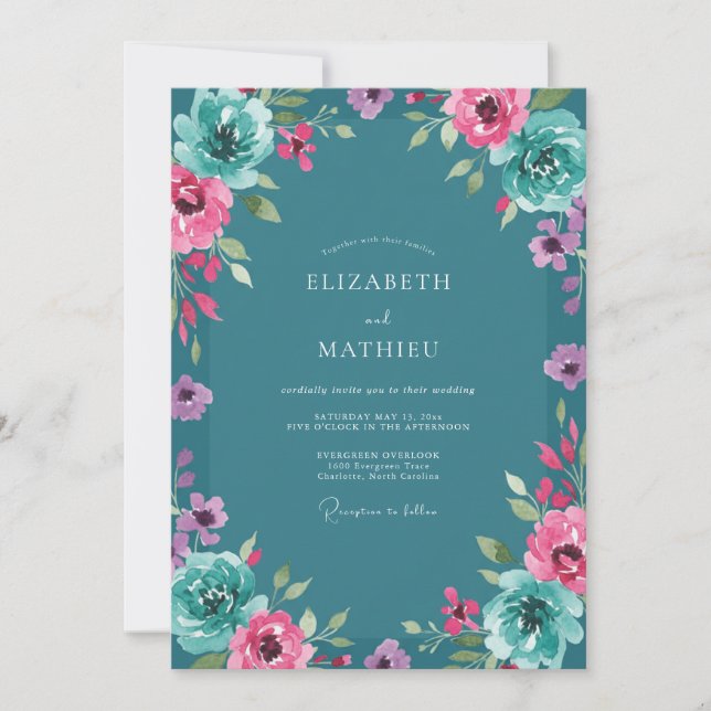 Invitation Mariage Teal Magenta Ranunculus Sauge (Devant)