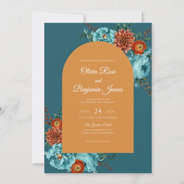 Invitation Mariage Teal Ocre Dahlia (Devant)