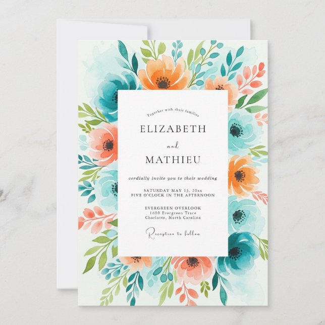 Invitation Mariage Teal Orange Bloom (Devant)