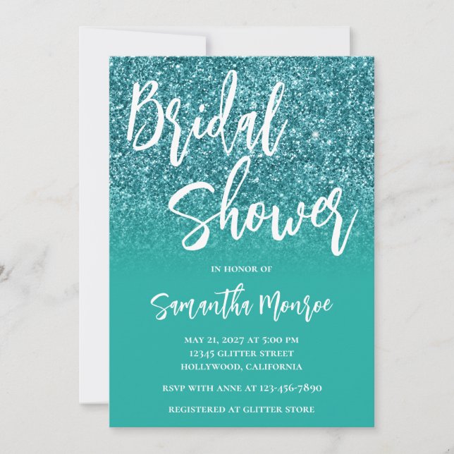 Invitation Mariage Teal Pailleté Dégradé Turquoise (Devant)