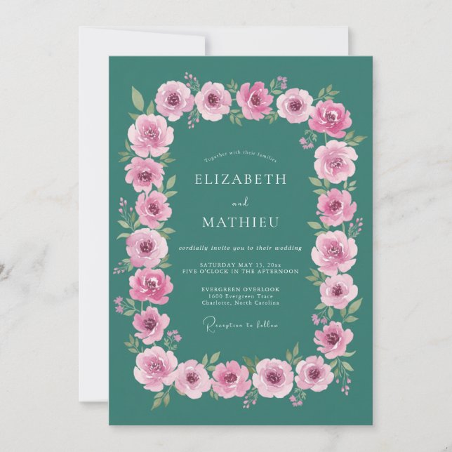 Invitation Mariage Teal Rose Ornée (Devant)