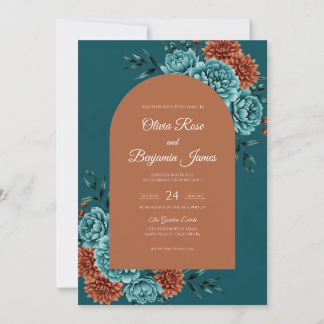 Invitation Mariage Teal Rouille Floraison (Devant)