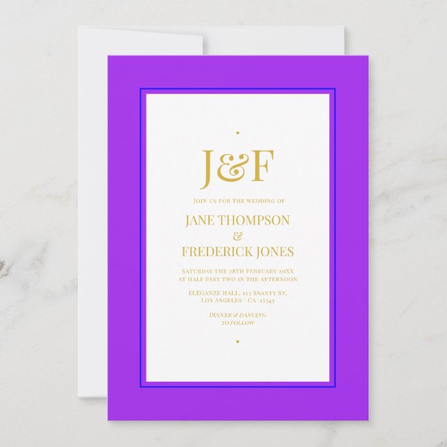 Invitation Mariage tendance bleu, violet, or et noir (Devant)