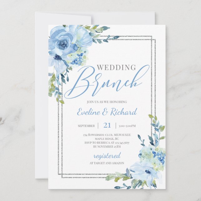 Invitation Mariage tendance cadre floral argenté bleu poussié (Devant)