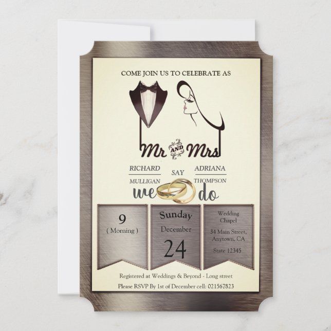 Invitation Mariage tendance en feuille d'or-argent-laiton (Devant)