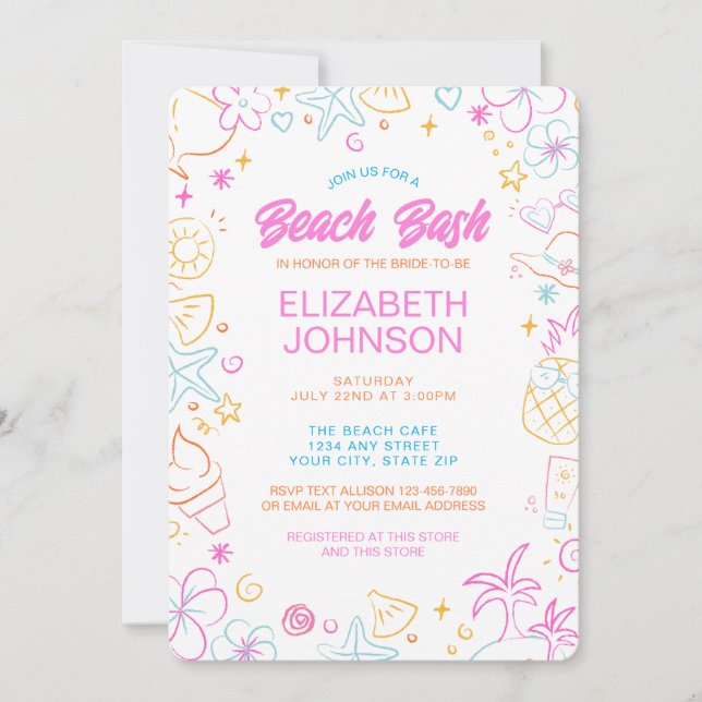 Invitation Mariage Tendance Fantaisiste Doodle Plage Bash (Devant)