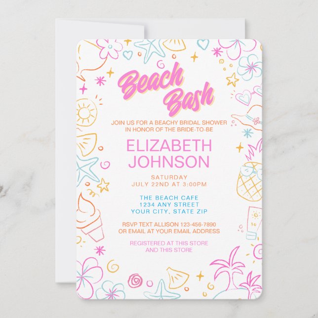 Invitation Mariage Tendance Fantaisiste Doodle Plage Bash (Devant)