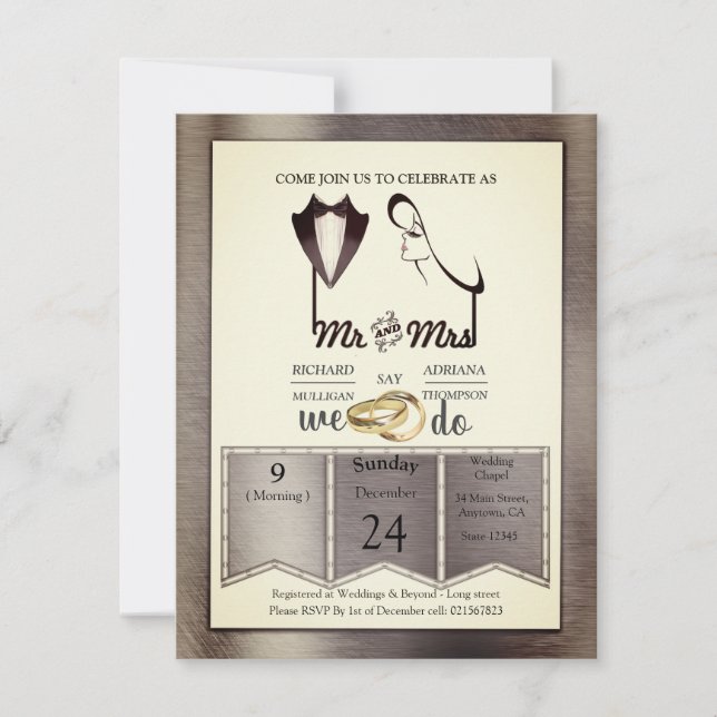 Invitation Mariage Tendance Feuille-Dor-Argent-Laiton (Devant)