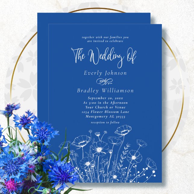 Invitation Mariage tendance Fleur sauvage Blanc Bleu cobalt  (Créateur téléchargé)