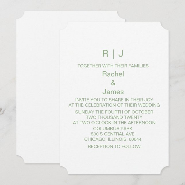 Invitation Mariage Tendance Initiales Monogramme Blanc Vert S (Devant / Derrière)
