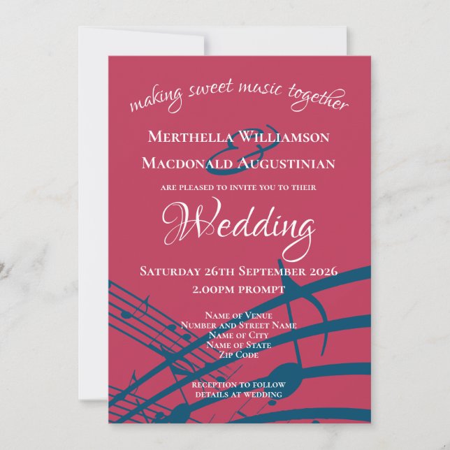 Invitation Mariage tendance Magenta MUSIC NOTES (Devant)
