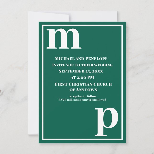 Invitation Mariage Tendance Monogramme Vert Émeraude Mignon (Devant)