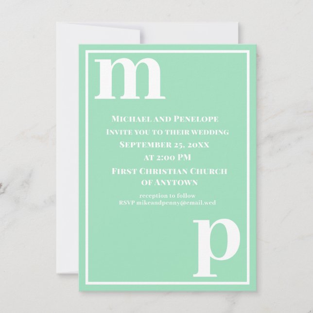 Invitation Mariage tendance Monogramme vert mousse de mer Mig (Devant)