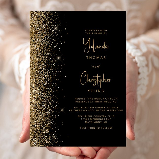 Invitation Mariage Tendance Paillettes Or Noir Moderne (Créateur téléchargé)
