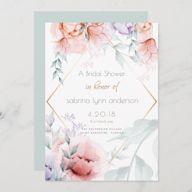 Invitation Mariage | Tendances Corail et Pivoines Aquarelle L (Devant / Derrière)