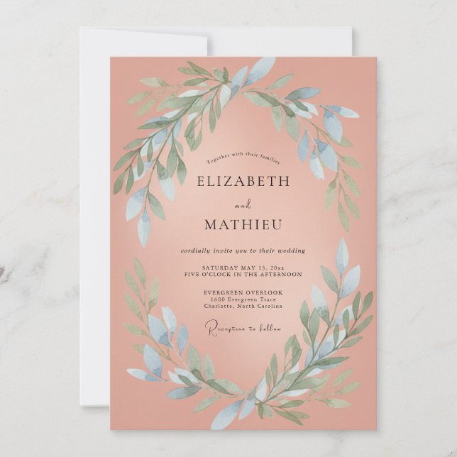 Invitation Mariage Tendre Eucalyptus Feuillage Azur Terracott (Devant)