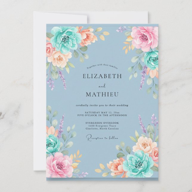 Invitation Mariage Tendre Floral Embrassant Saphyr (Devant)