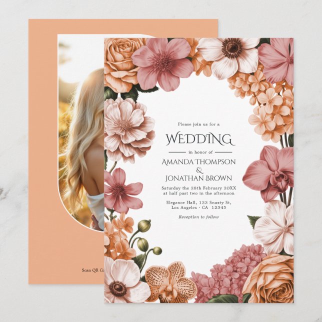 Invitation Mariage Terra Peach, Clay Rose & Soft Blush Buff (Devant / Derrière)