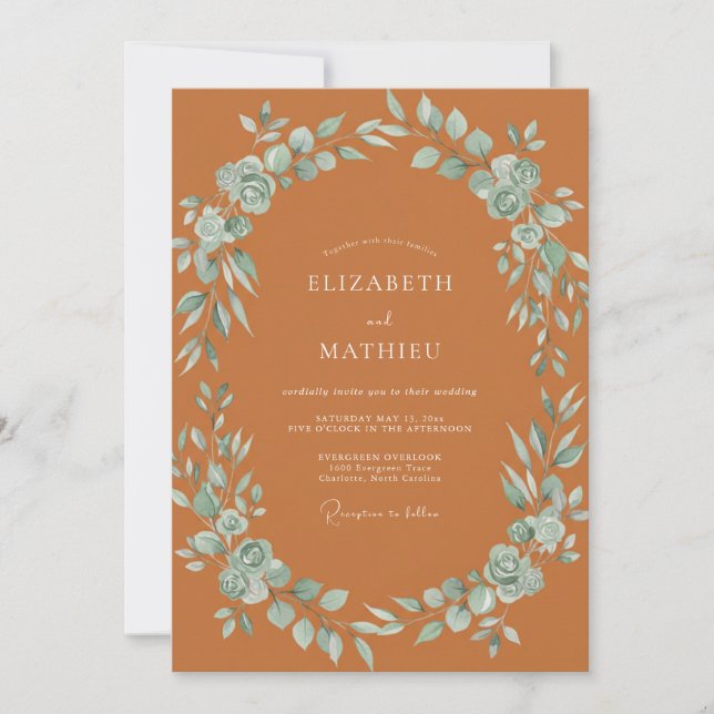 Invitation Mariage Terracotta Aqua Feuillu (Devant)