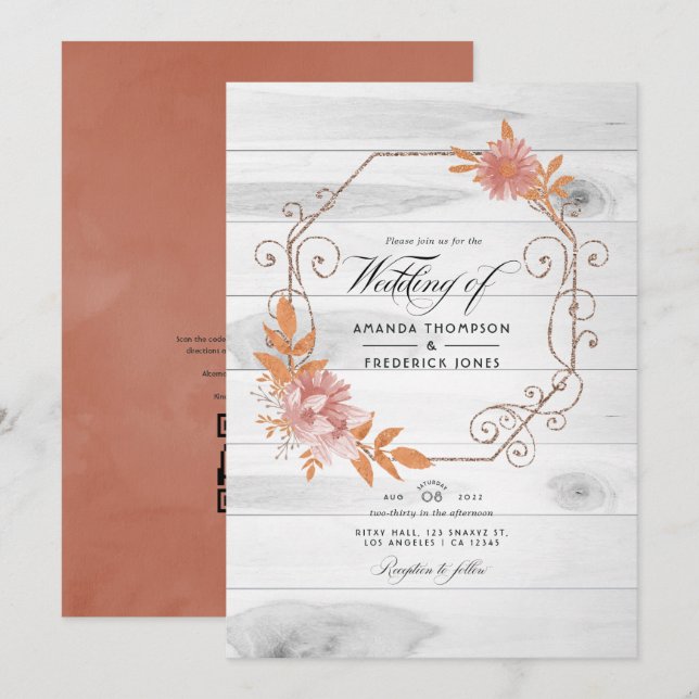 Invitation Mariage terracotta aquarelle rustique avec code QR (Devant / Derrière)