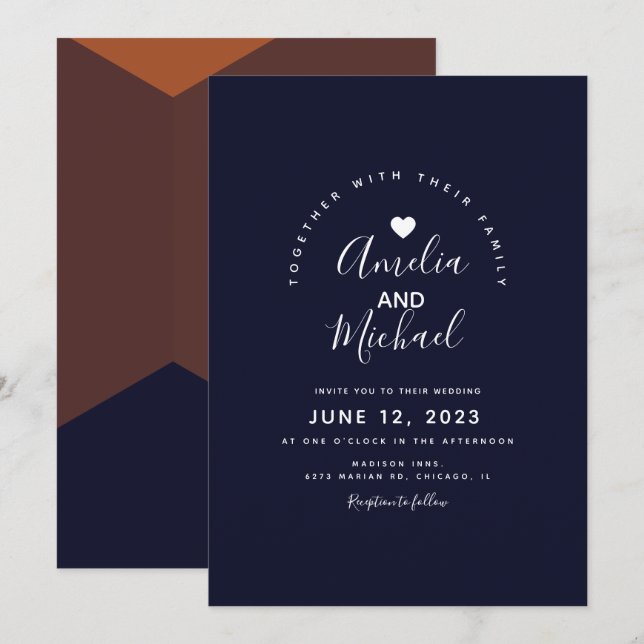 Invitation Mariage Terracotta au Chocolat Foncé de la Marine  (Devant / Derrière)