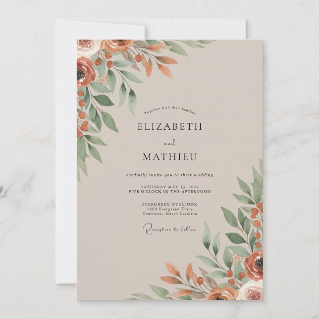 Invitation Mariage Térracotta au feuillage doux d'eucalyptus (Devant)