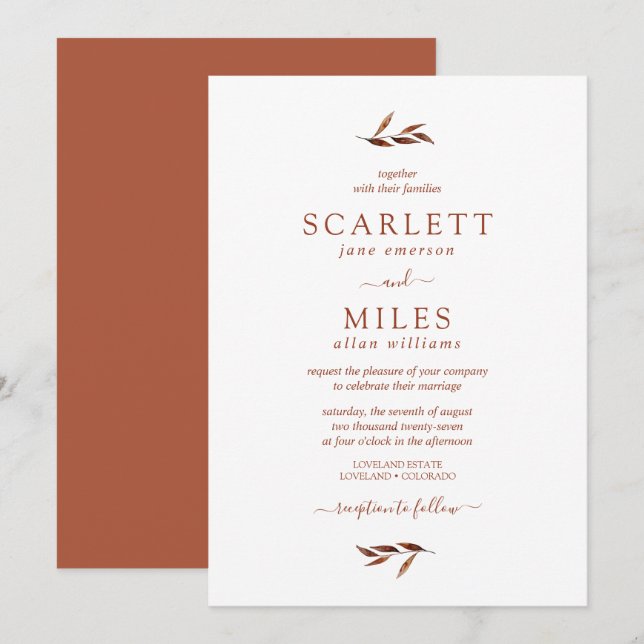 Invitation Mariage Terracotta aux Feuilles d'Automne Simples  (Devant / Derrière)