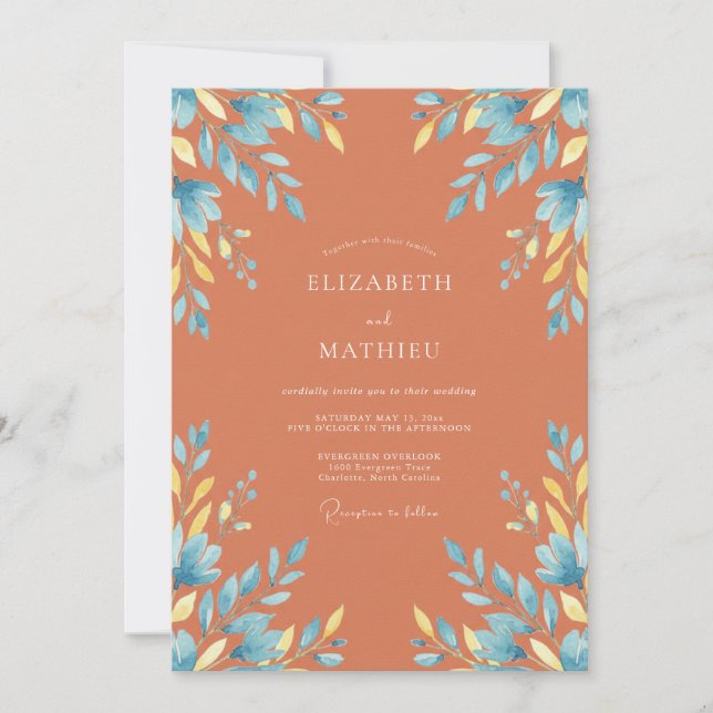 Invitation Mariage Terracotta aux Feuilles de Bleuet (Devant)