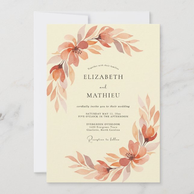 Invitation Mariage Terracotta aux Feuilles Peintes (Devant)