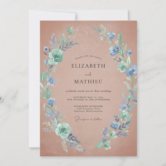 Invitation Mariage Terracotta Bleuet Feuillage Eucalyptus (Devant)