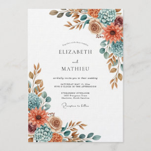 Invitation Mariage Terracotta Blue Floral Peint