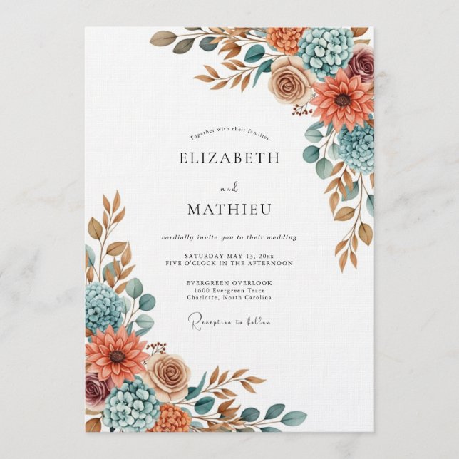 Invitation Mariage Terracotta Blue Floral Peint (Devant)