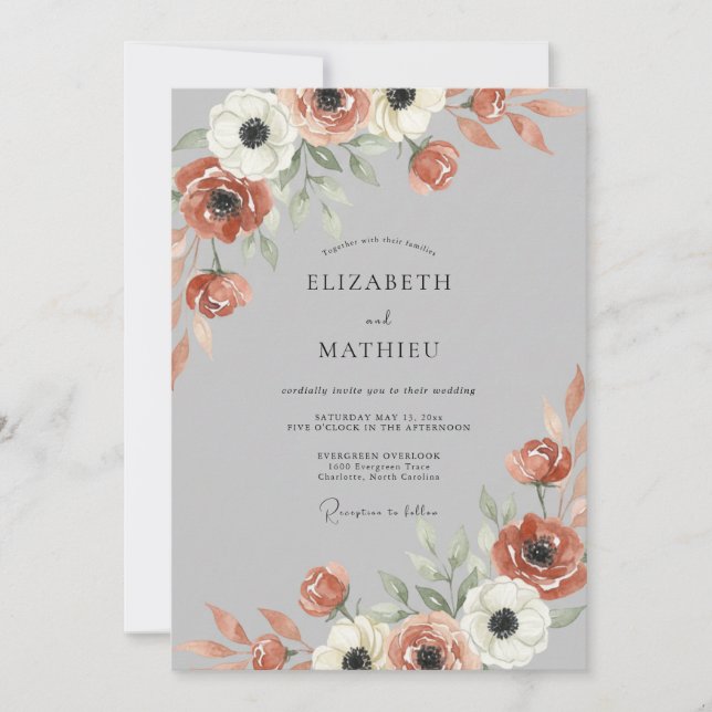 Invitation Mariage Terracotta et Anémone Argentée (Devant)