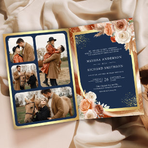 Invitation Mariage Terracotta Floral Pampas Or Bleu Nuit