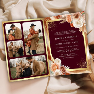 Invitation Mariage Terracotta Floral Pampas Or Bourgogne