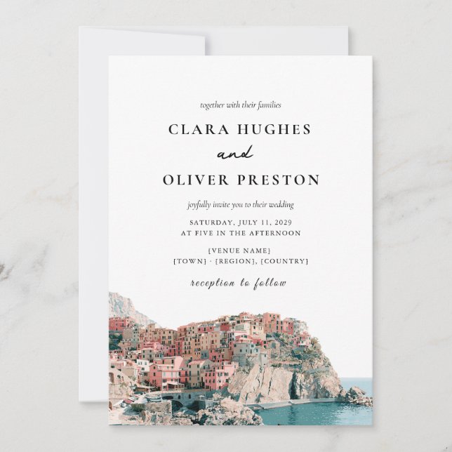 Invitation Mariage Terracotta Ocean Blue Serif à Cinque Terre (Devant)