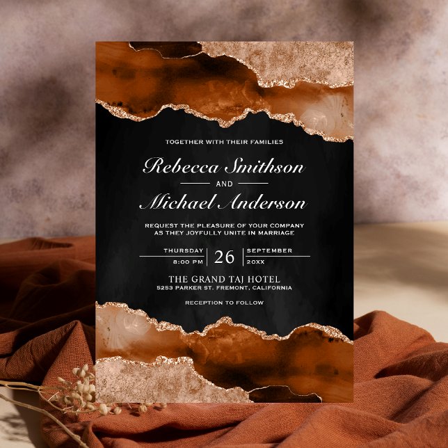 Invitation Mariage Terracotta Orange Brûlé Agate Marbre Noir (Créateur téléchargé)
