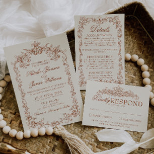 Invitation Mariage Terracotta Orange Brûlé Argent Ancien Vint