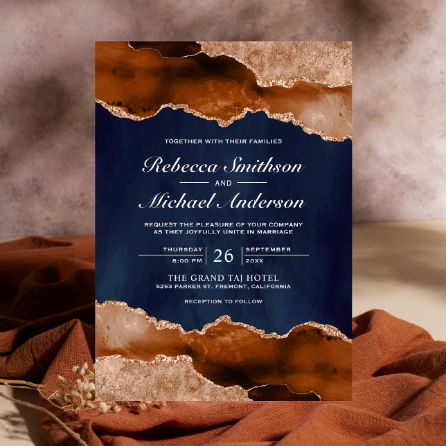 Invitation Mariage Terracotta Orange Brûlé Marbre Agate Navy (Créateur téléchargé)