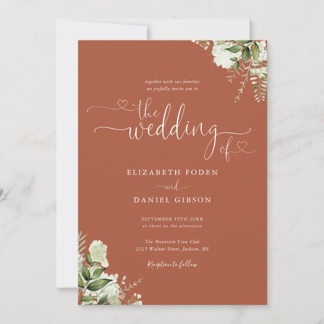 Invitation Mariage Terracotta Script Coeurs de Verdure (Devant)