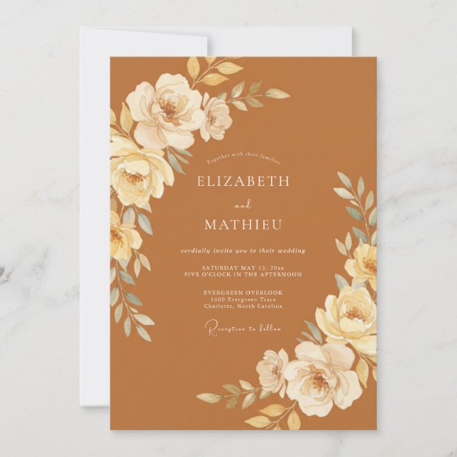 Invitation Mariage Terre Cuite Crème Fleurie (Devant)