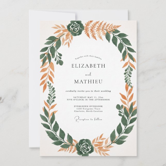 Invitation Mariage Terre Cuite Feuille Émeraude (Devant)
