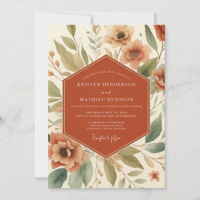 Invitation Mariage Terre Cuite Fleurie (Devant)
