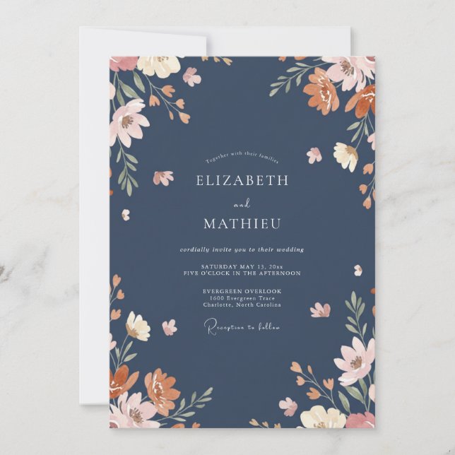 Invitation Mariage Terre Cuite Fleurie Navy (Devant)