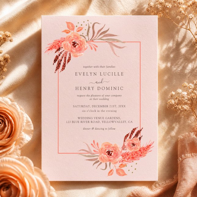 Invitation Mariage Terre Cuite Floral Rose Corail Rustique (Créateur téléchargé)