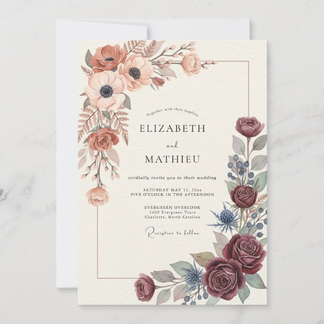 Invitation Mariage Terre Cuite Prune Ranunculus Sauge (Devant)