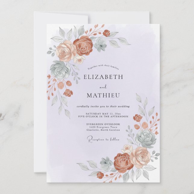 Invitation Mariage Terre Cuite Rouille Ranunculus Gris Eucaly (Devant)