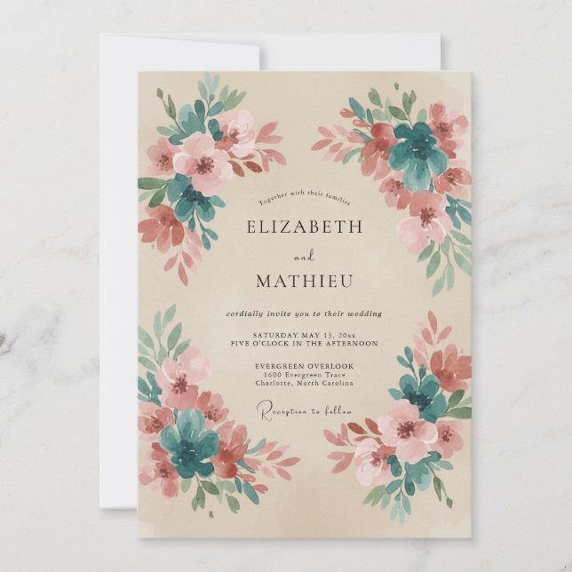 Invitation Mariage Terre Cuite Sarcelle Fleurie (Devant)