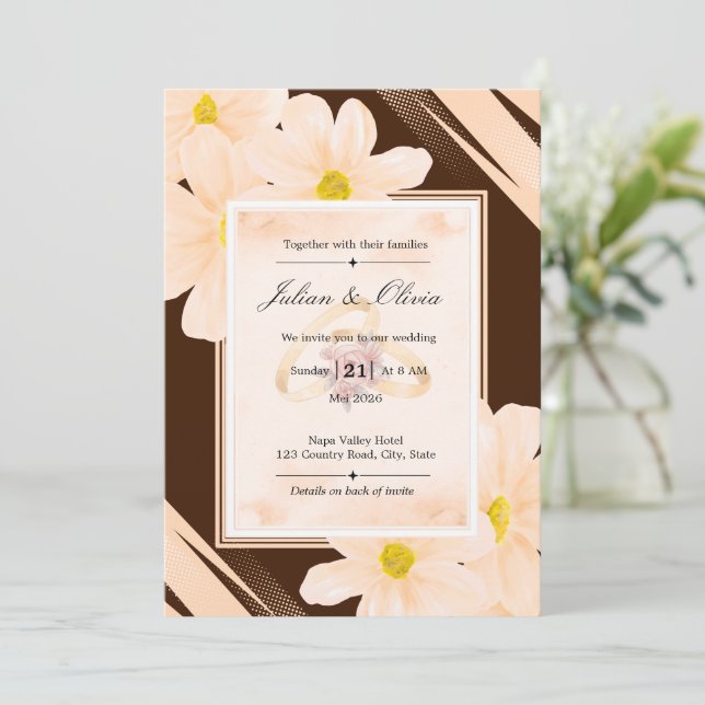 Invitation Mariage Terreux Brun Chocolat et Floral Pêche (Debout devant)